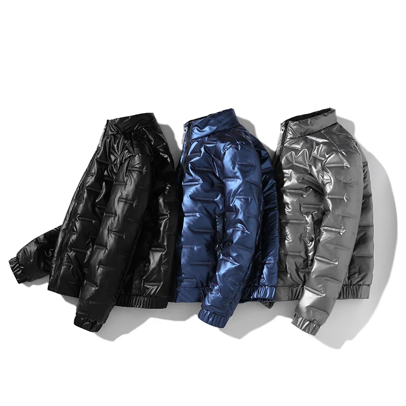 Winter Shiny Down Jacket Mens Cotton Clothes Warm Thicken Glossy Down Jacket Fashion Solid Color Stand Collar Men Casual Coat