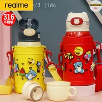 realme 500 ml kawaii bear thermos bottles cute kids straw water bottle insulated stainless steel student girls thermal drink