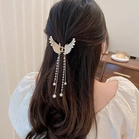 ajojewel gorgeous pearl butterfly hair claw jewelry bling rhinestone long tassel hairclip women accessories gift