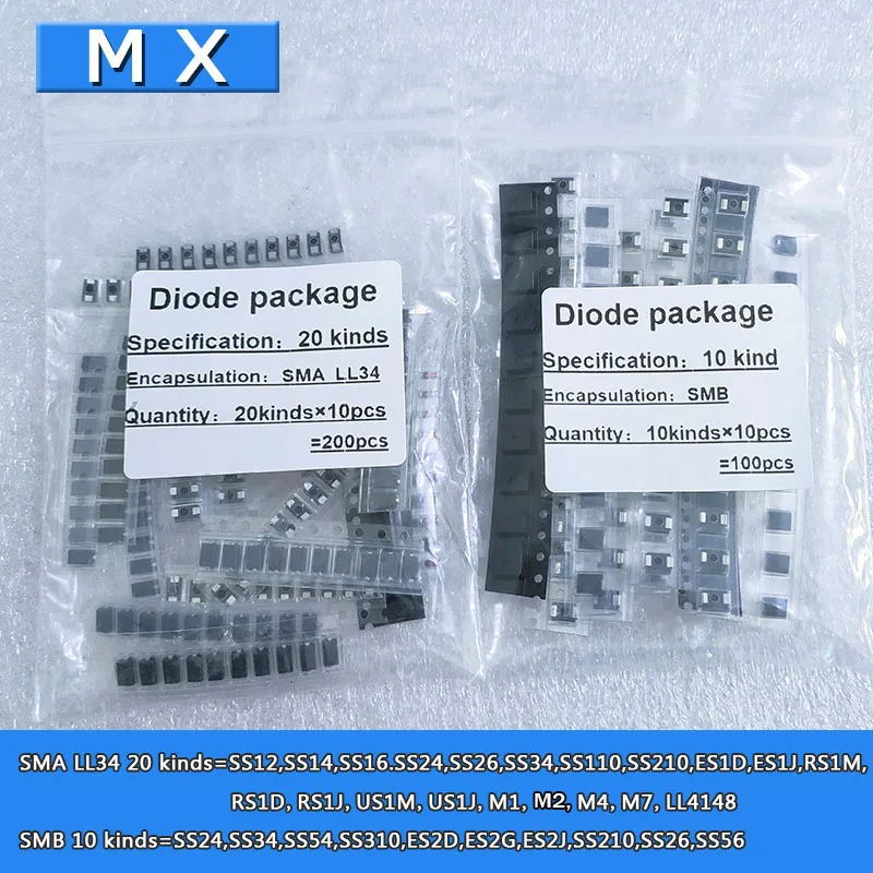 

30 типов * 10 Uds = 300 сотни. /Lote paquetes de diodos/SS12,SS14,SS210,RS1J,US1M,SS24,SS34,SS54,M7,ES2D,ES2J, SMA SMB SMD