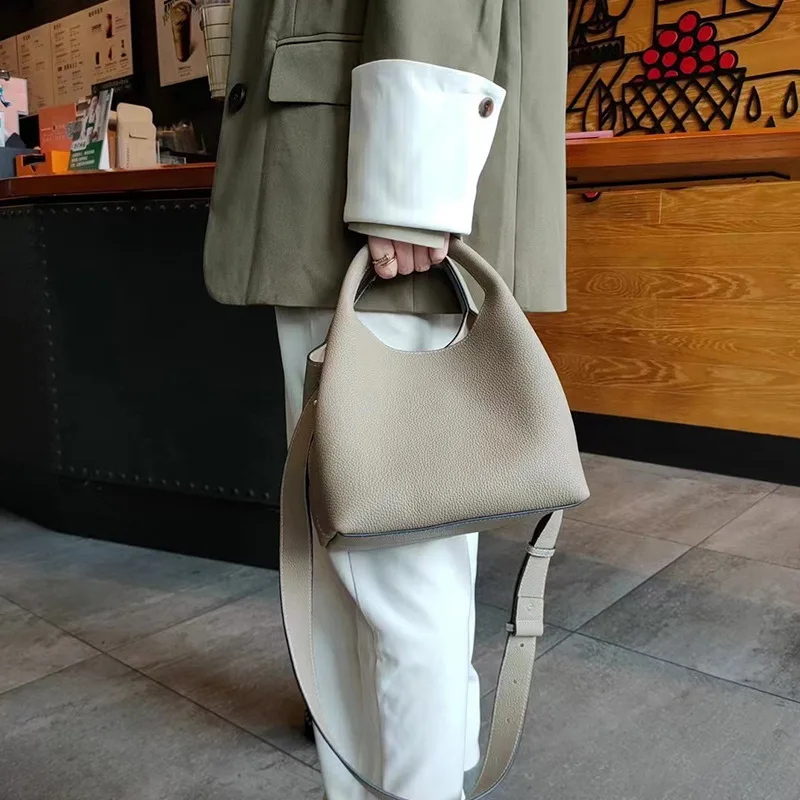 Genuine leather vegetable basket bag single shoulder spell color bucket bag versatile handheld crossbody temperament female bag