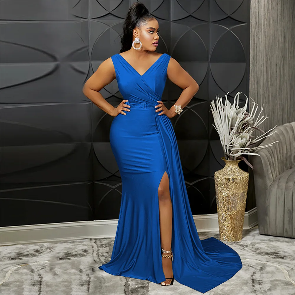 Luxury Women Satin V-neck Party Dress 2023 New in Sexy Sleeveless High Waist Slim Gown Ladies Long Mermaid Evening Prom Dress