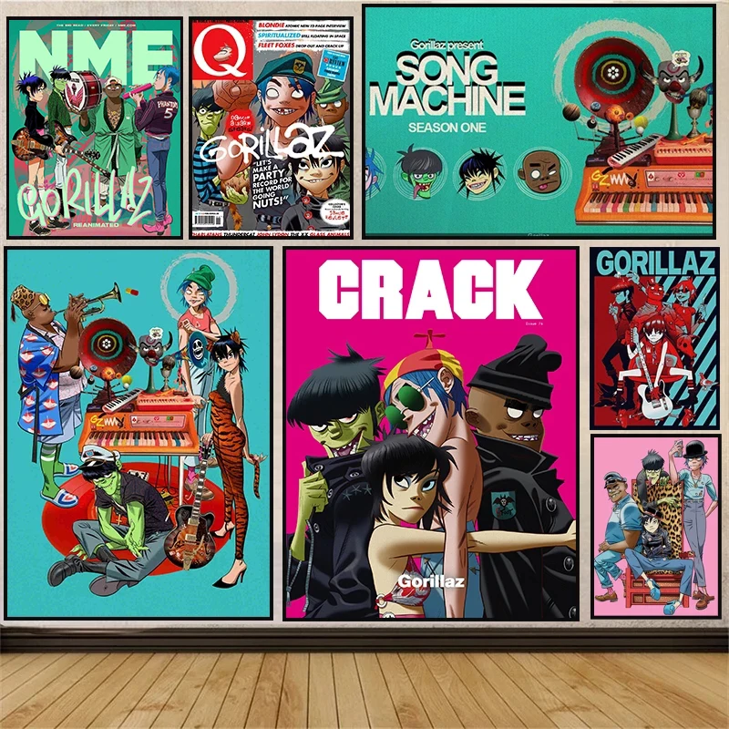 Британская виртуальная группа Gorillaz Art Vintage Popular Cartoon Animated Character Poster Wall Prints Picture Kids Room Home Decor On