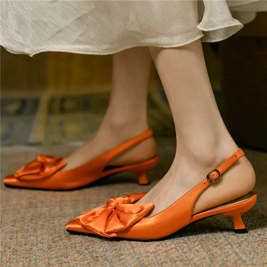 Sexy Party Pumps Women Satin Bow Pointed Toe Kitten Heel Sandals Shallow Slingback Wedding Evening Shoe