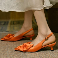 sexy party pumps women satin bow pointed toe kitten heel sandals shallow slingback wedding evening shoe
