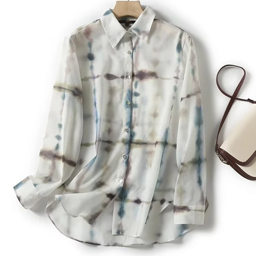 

Elmsk French Fashion Office Ladies Gradient Printed Chiffon Shirt Women Summer Casual Tops