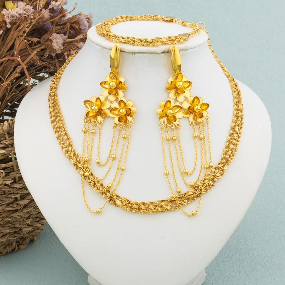 

Bohemia Bridal Gold Color Jewelry Set Wedding Tassels Earrings Design Necklace African Dubai Luxury Flower Jewelry for Women
