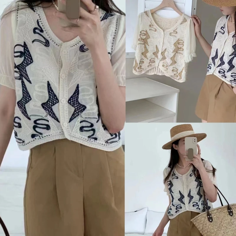 

Womens V-Neck Shirts Hollow out Blouse French Puff Sleeves Chiffon Blouse All-matching Button Down Shirts Top for Daily