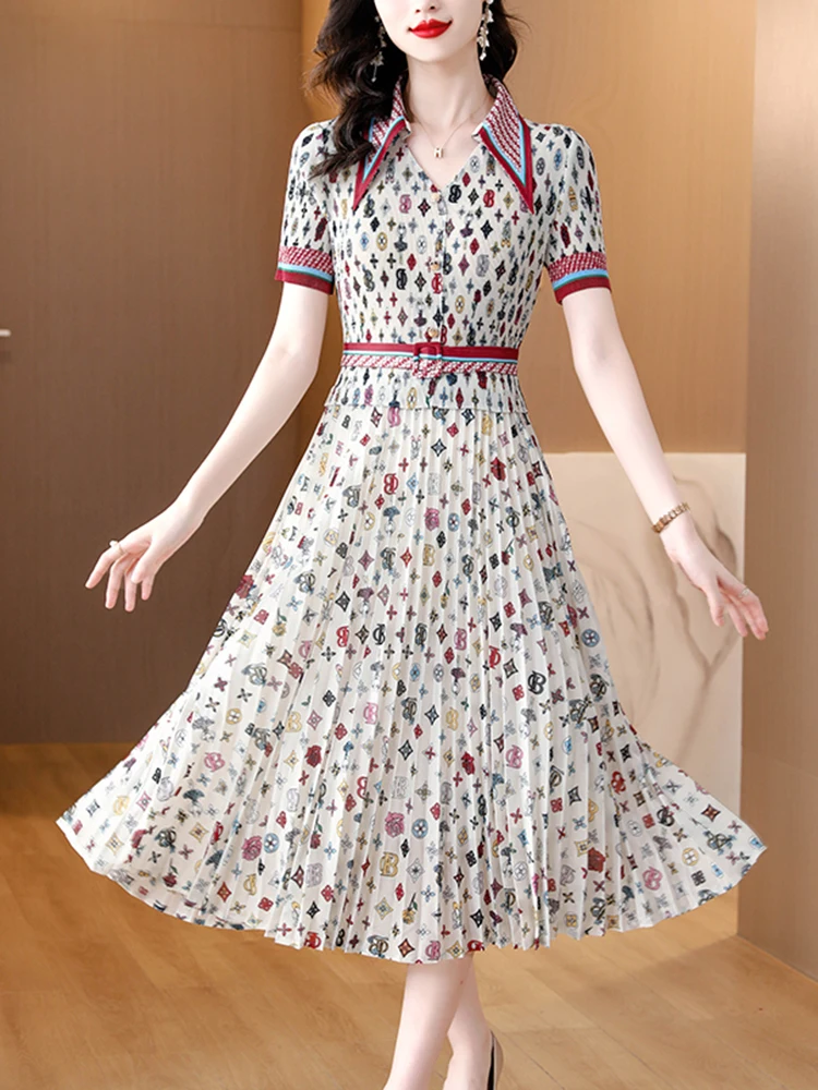 Korean Vintage Print Polo Collar Midi Dress for Ladies Summer Short Sleeve Bodycon Prom Clothes 2023 Fashion Casual Party Dress