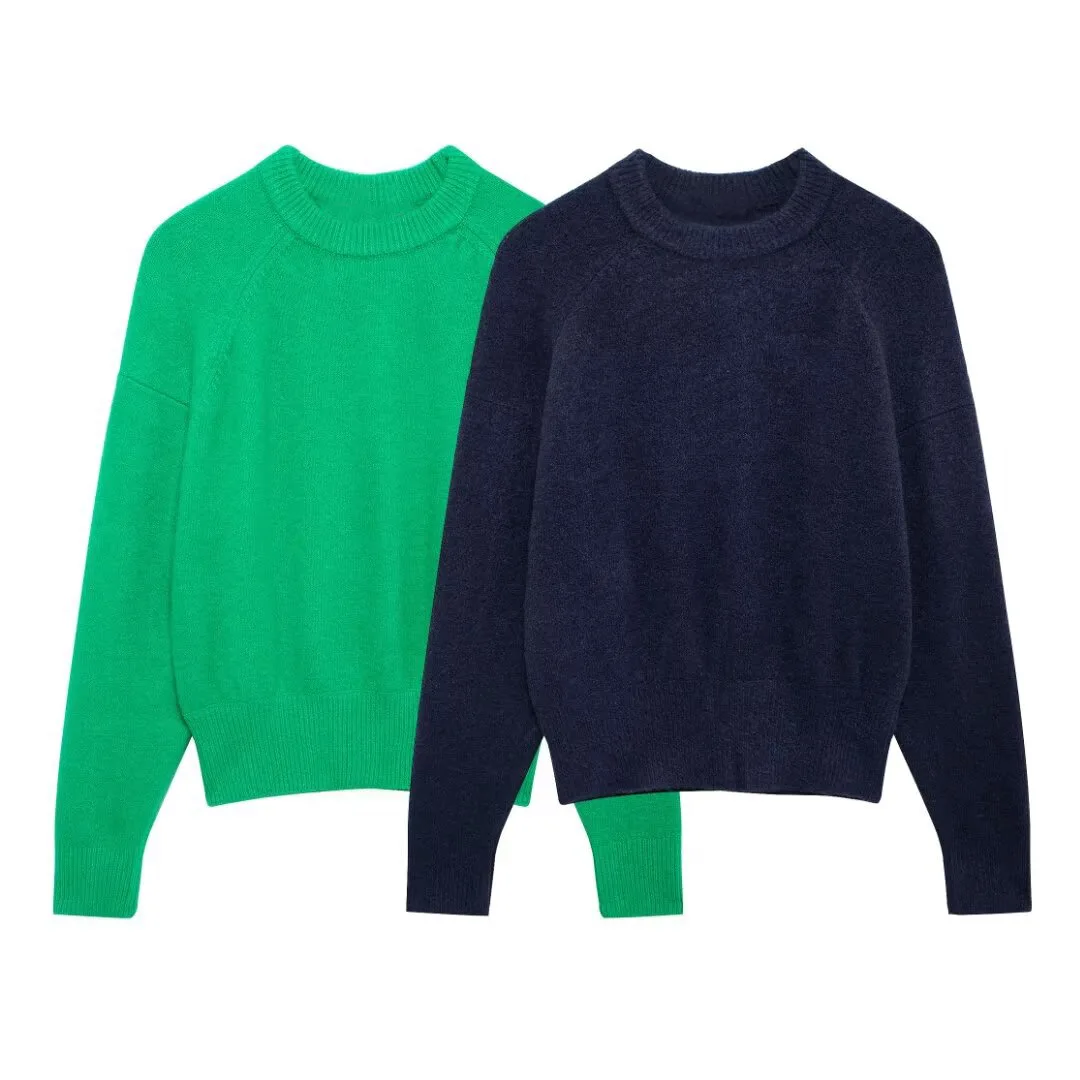 ZA женский новый свитер осень/зима 2024 однотонный базовый с круглым вырезом