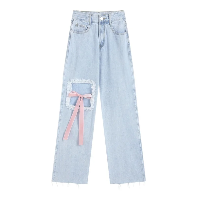 

Autumn Korean Ripped Jeans For Fashion Harajuku Kawaii Pink Bow Design Trousers Y2K High Waist Girl Wide Leg Jeans