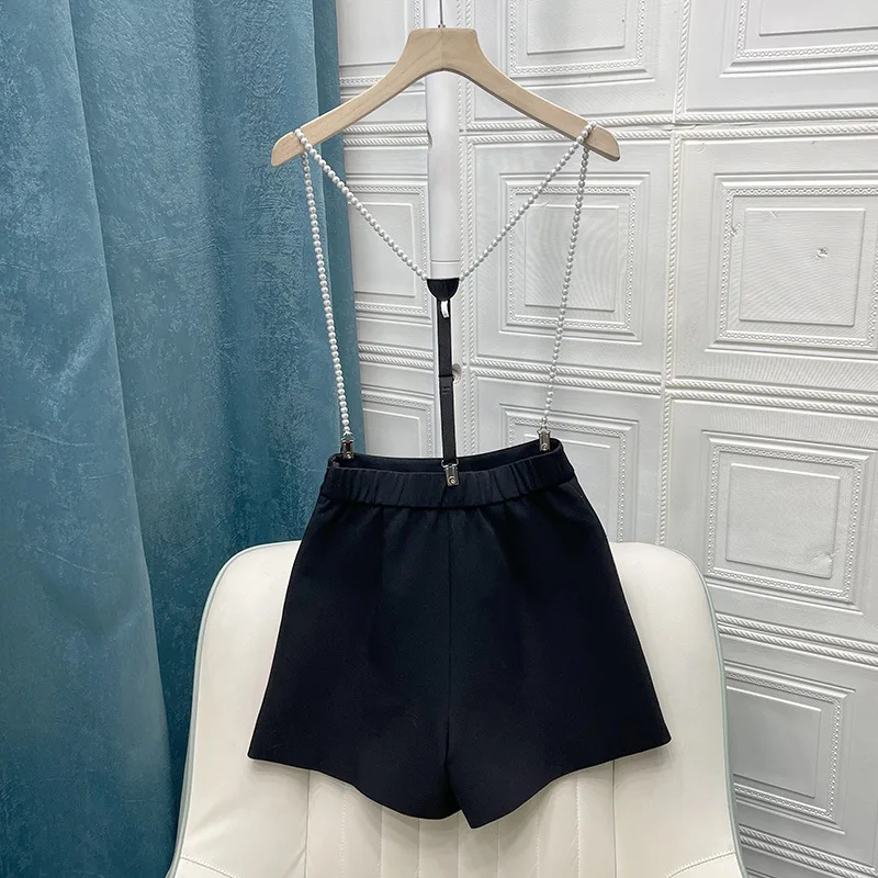 

New spring detachable pearl suspenders shorts