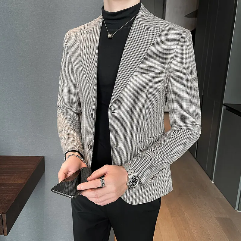

2022 Spring Plaid Men Blazers Korean Slim Woolen Casual Suit Jacket Wedding Business Dress Coat Streetwear Social Suit Coats