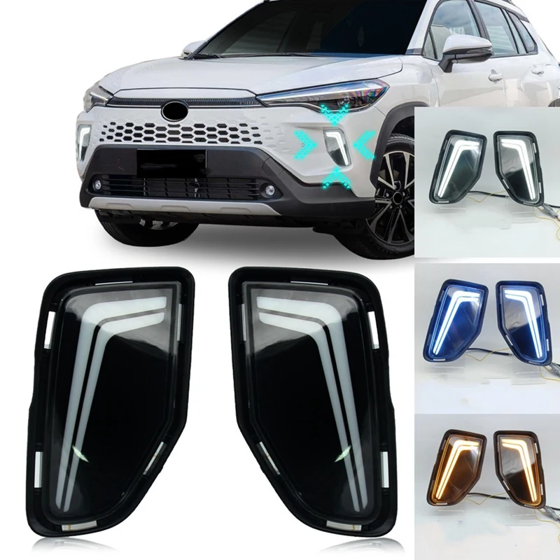 Car LED Daytime Running Light DRL For Toyota Corolla Cross 2024 Turn Signal Fog Lamp White+Yellow+Blue