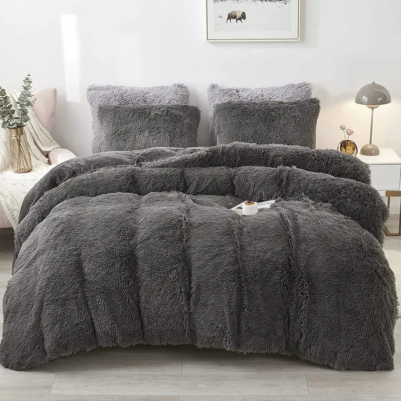 Fluffy Comforter Cover Bed Set Faux Fur Fuzzy Duvet Cover Set Luxury Ultra Soft Plush Shaggy Duvet Cover 3 Pieces