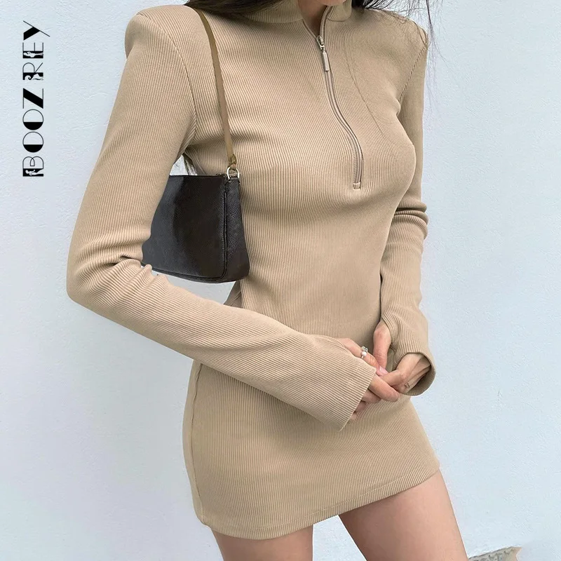 

Solid Casual Long Sleeve Bodycon Dress Women Spring Streetwear Zipper Half High Collar Girl Elegant Dress Vestidos Mujer