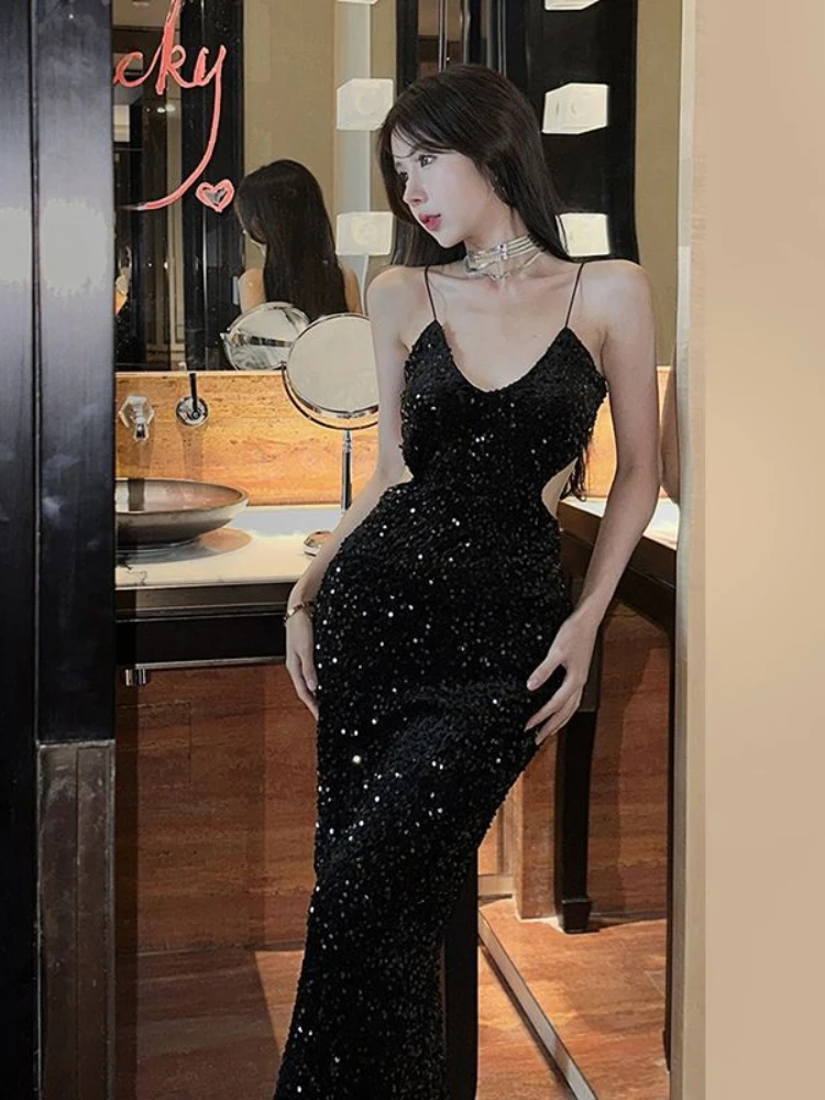 

Sexy Black Evening Dress Women Elegant Bodycon Backless Sequined Luxury Long Dresses Party Spaghetti Strap V-Neck