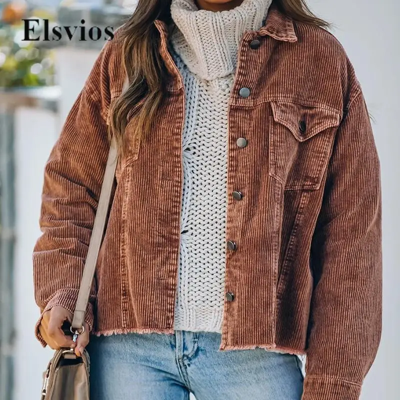 

Fashion Turn-down Collar Single-breasted Outwear Women Long Sleeve Solid Jacket Casual Autumn Denim Design Corduroy Vintage Coat