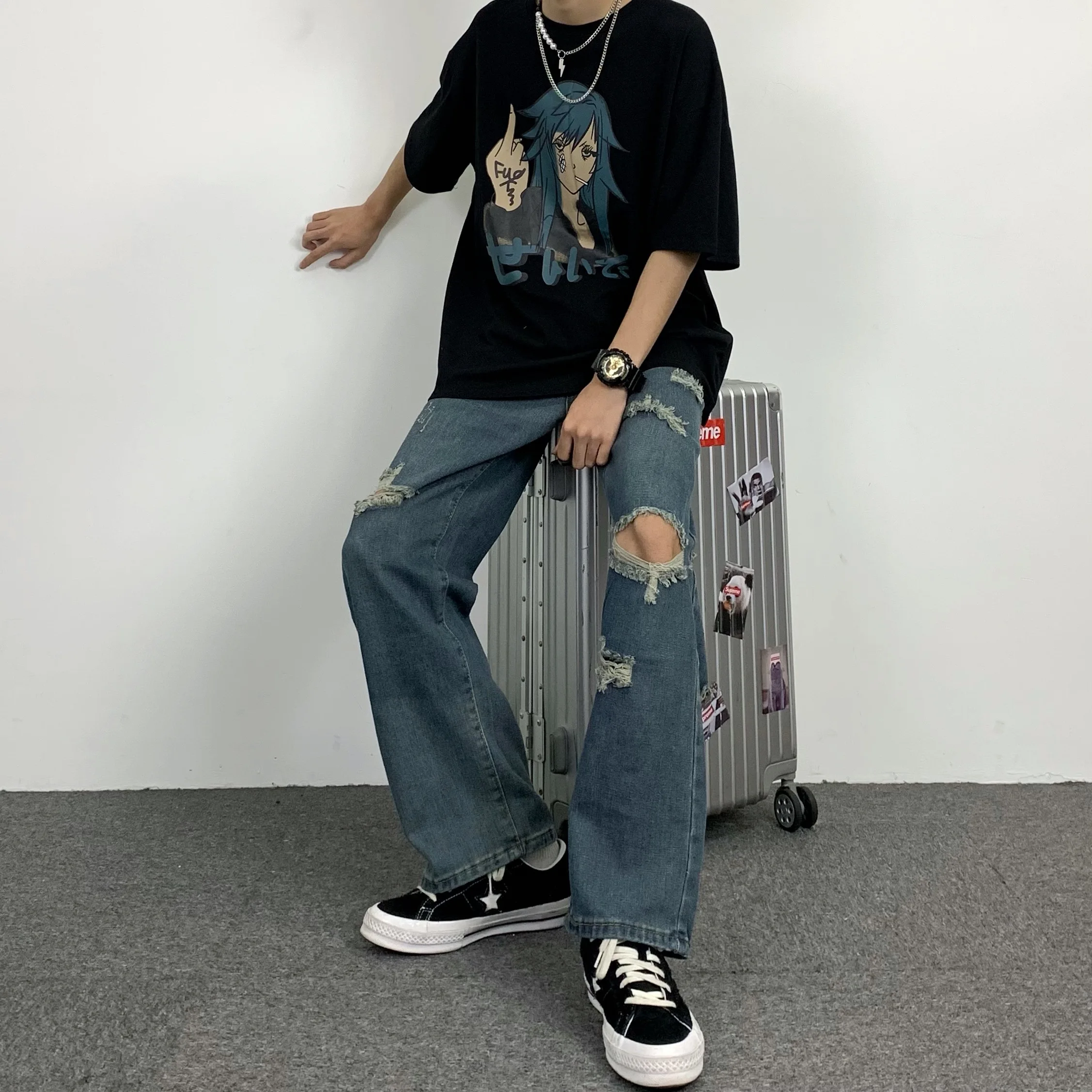Men's Jeans High Street Hip-hop Colorblock Ripped Loose Jeans Korean Fashion Jeans Hip-hop Men's Clothing Y2k Pants Men  LOOSE