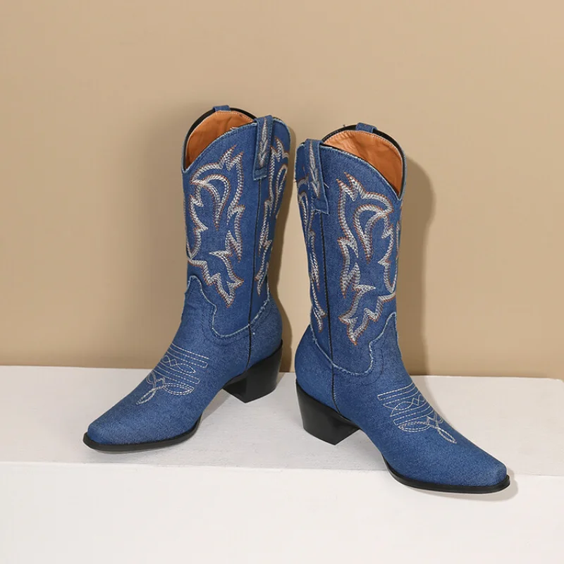 Chunky Western Cowboy Boots for Women Summer V-cut Embroidered Sleeve Doc Martens Slim Vintage Mid-leg Knight Short BootsA-904-2