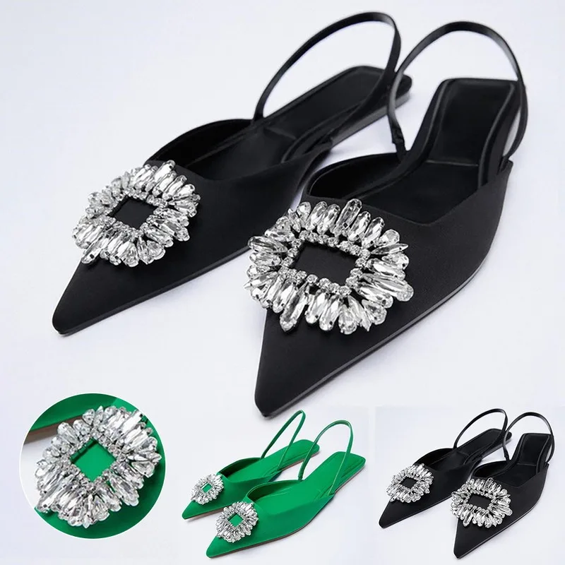 

Plus Size Flat Sandals Lady Shoes Sunflower Diamond Buckle Pointed Toe Two Wear