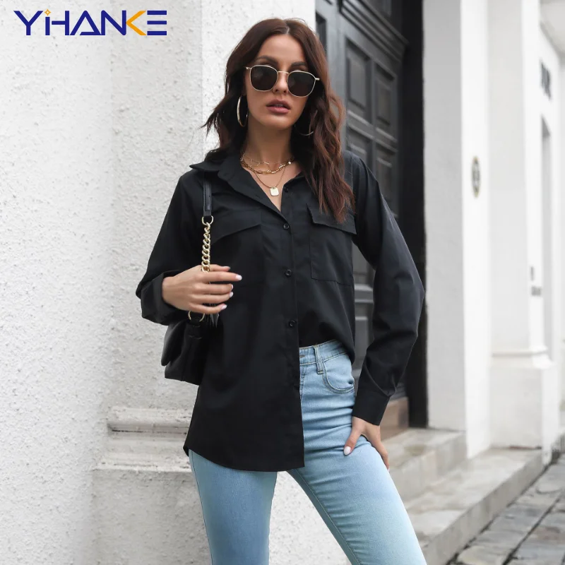 

Блузка женская однотонная с длинным рукавом, Повседневная тонкая рубашка с отложным воротником и карманами, модный топ на осень