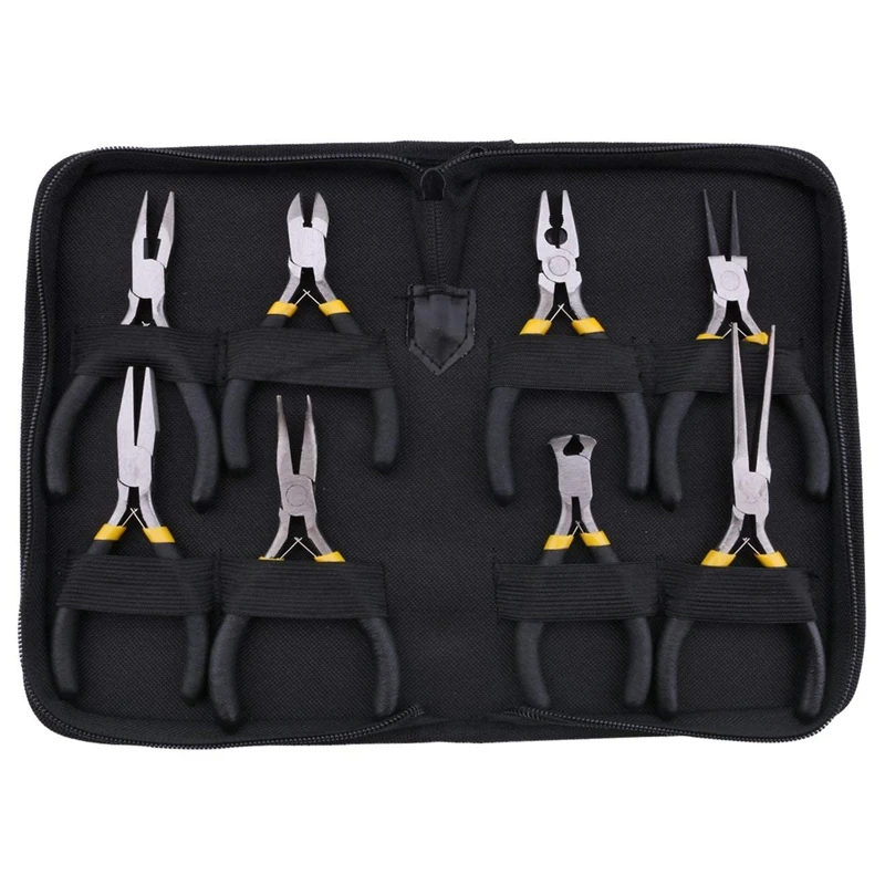 

8Pcs Mini Pliers Set, Long Nose With Teeth, Flat Jaw, Round Curve Needle Diagonal Nose Wire End Cutting Cutter Linesman Plier Wi