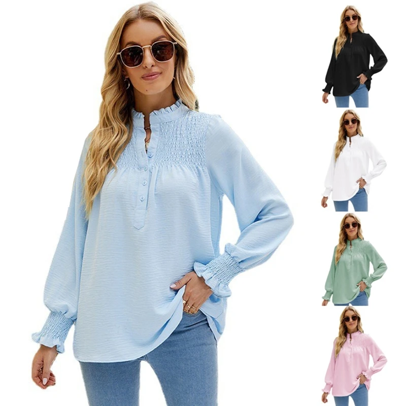 

Женская блузка с рюшами, V-образным вырезом и длинным рукавом