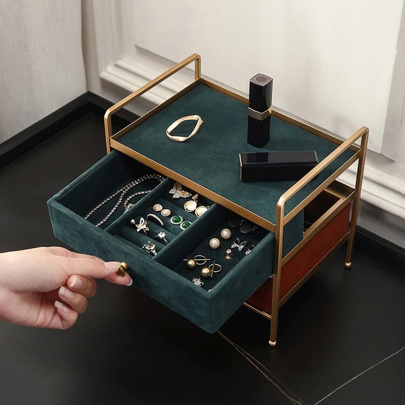 Casegrace Jewelry Box with Metal Rack Holder Double Layer Drawer Organizer Desktop Jewelry Display Storage Boxes Jewellery Tray