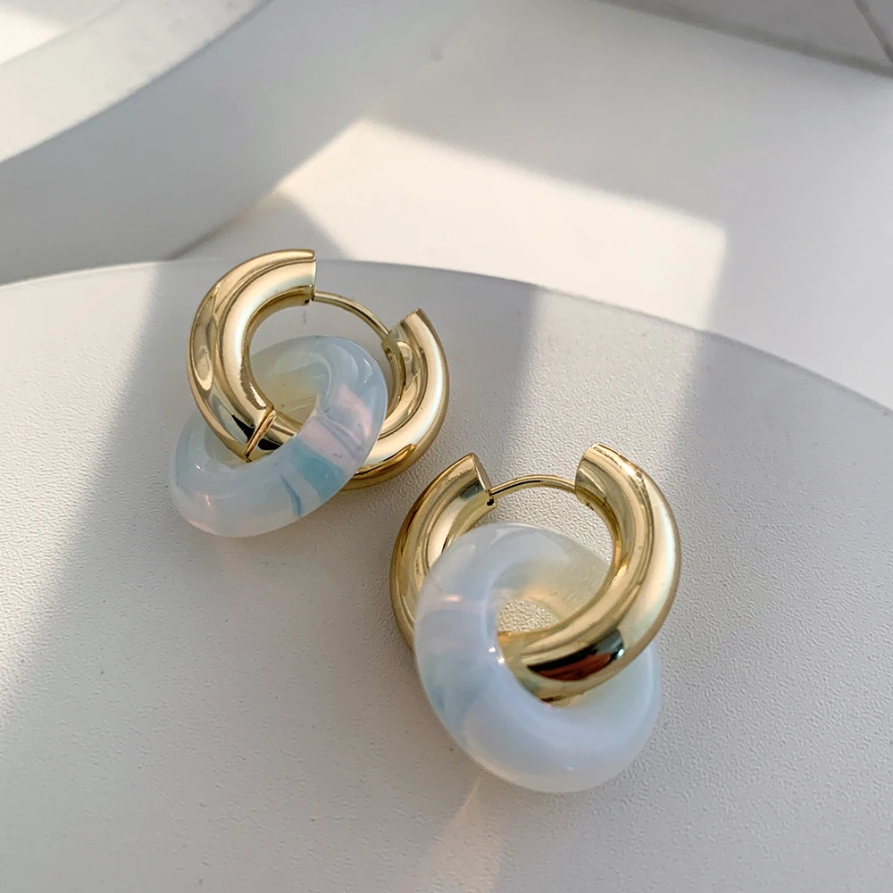 

Trendy Korea Round Multicolor Stone Hoop Earrings for Women Fashion Gold Color Stainless Steel Chunky Circle Earrings Jewelry