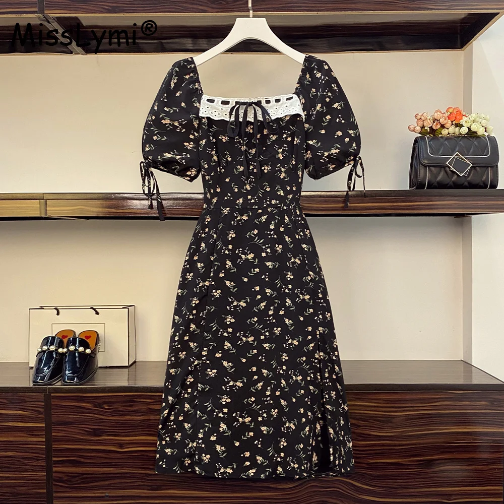 

Big Size Women French Vintage Floral Dress Summer 2022 Lace Patchwork Square Collar Short Sleeve High Waist Slit Midi Dresses