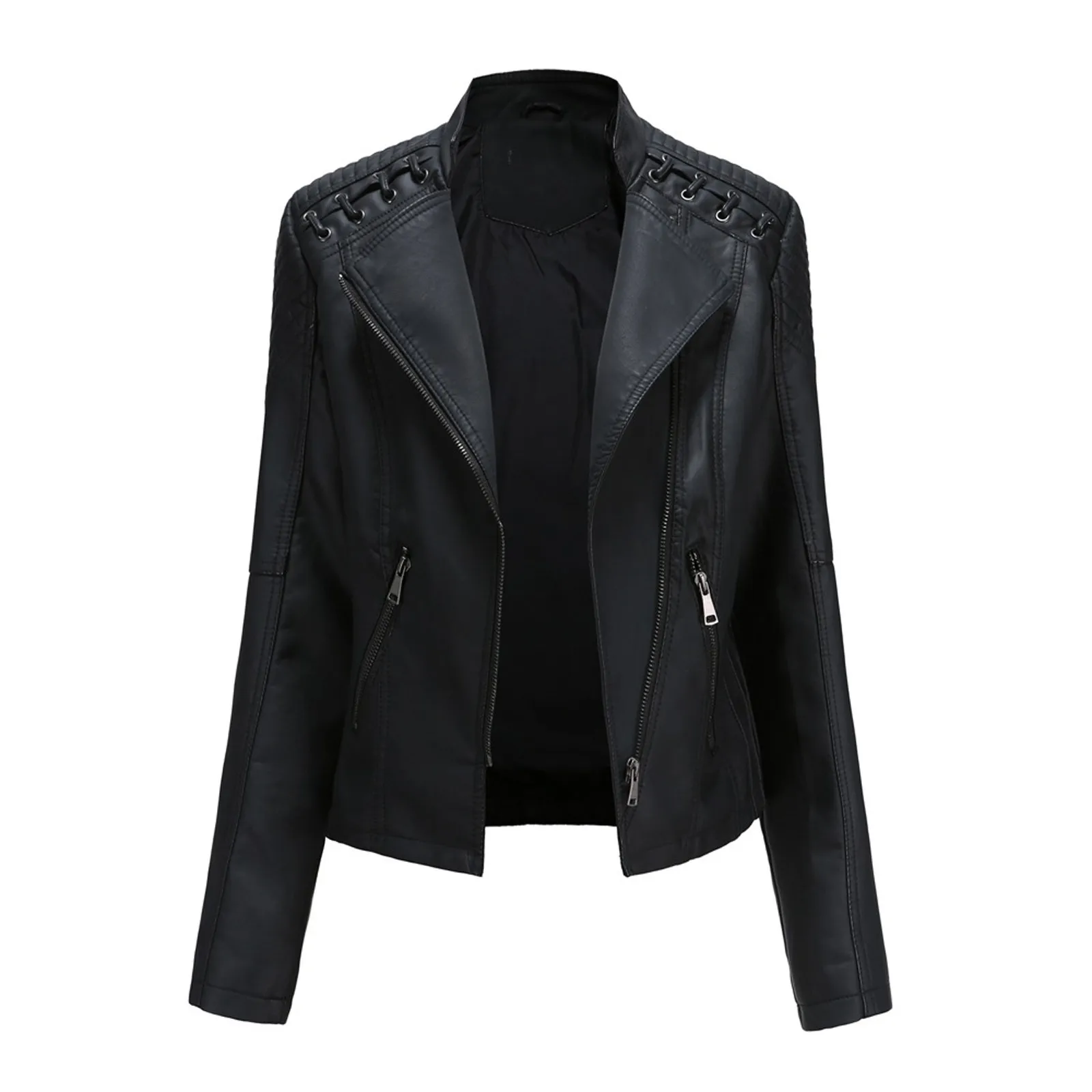 

Women 2023 Autumn Winter Faux Leather Jacket Lapel Motor Jacket Coat Zip Biker Short Punk Cropped Tops Solid Color Outerwear