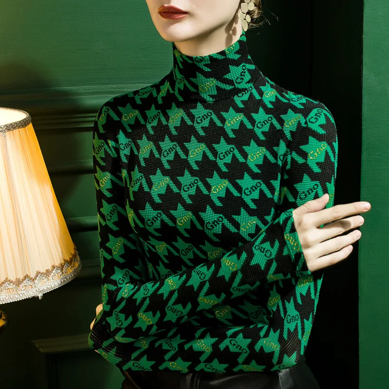 

2022 Autumn New womenHigh-neck Long-sleeved T-shirt Thousand Birds Plaid Print Bottoming Shirt Comfortable Inner Wear Slim Tops