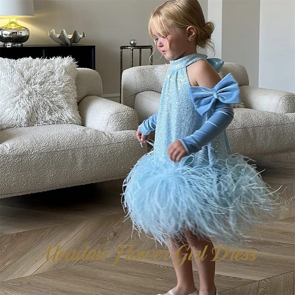Фото Нежно-голубое платье для девочек Meadow Sparkle: бальное платье принцессы с высоким воротником и бретелью через шею, пышное платье-туту без рукавов для вечеринок и выпускных вечеров №3