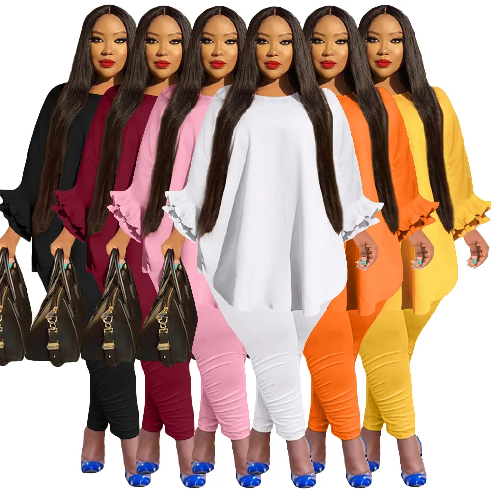 Plus Size Loose Casual Two Pieces Set Ruffles Long Sleeve Top Pencil Pants Women Office Lady Suit Streetwear Fashion Clothings