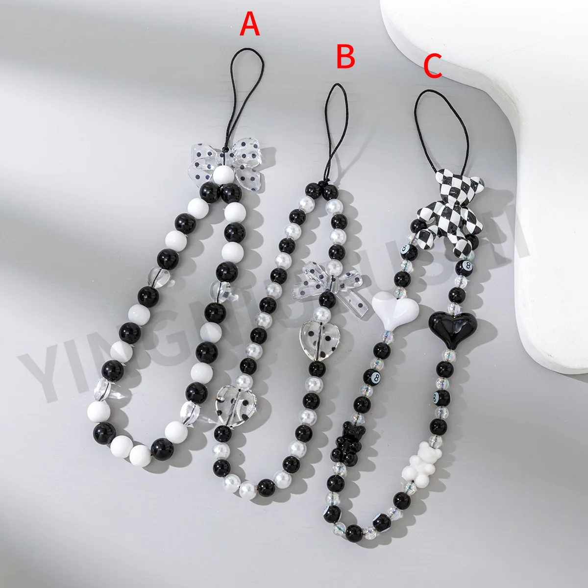 Black and White Acrylic Mobile Phone Chain Ladies Mobile Phone Lanyard Pendant Key Strap Wholesale