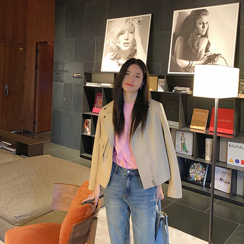 2022 New Sheepskin Leather Jacket Motorcycle Style Simple Women's Leather Jacket W3