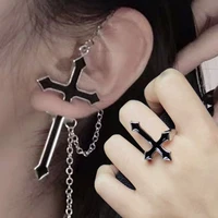 vintage black big cross opening rings paired tassel earrings for women party jewelry trendy gothic metal ring earring gifts