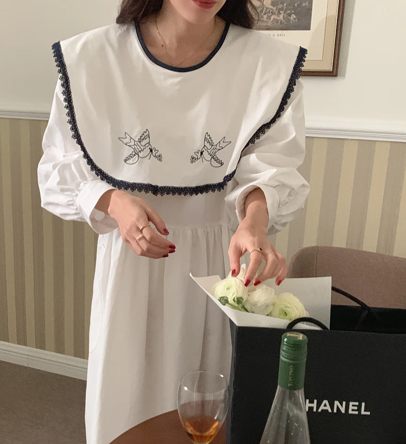 

COIGARSAM длинное женское платье во французском стиле с винтажной вышивкой свободное белое синее платье Прямая поставка