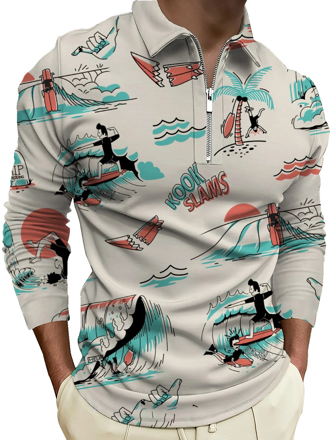 

Мужская приталенная рубашка на молнии с длинным рукавом и цветочным принтом