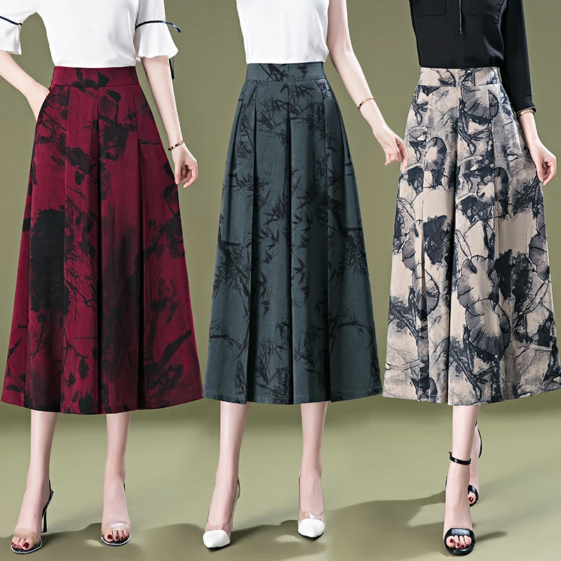 Printed Wide Leg Pants for Women Summer Thin High Waist Ice Silk Middle Age Mom Pants Large Sagging Casual Octagon Skirt Pants