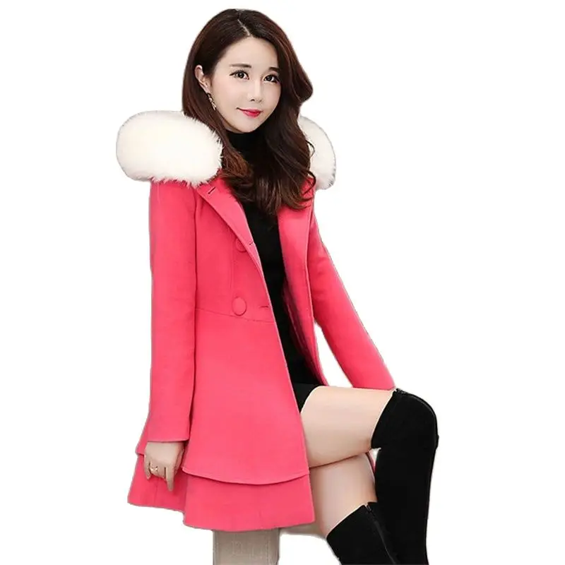 

New 2022 Women's Woolen Coat Autumn Winter Fur Collar Nizi Jacket Korean Style Slim Double Breasted Hooded Outerwear Tops Female