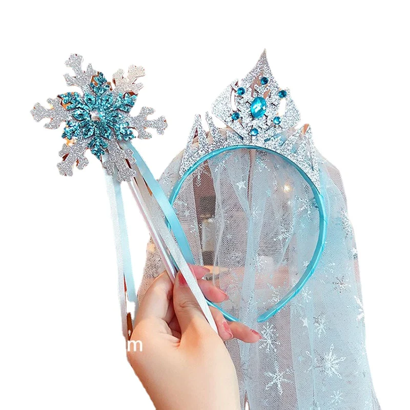 

Children's Headwear Frozen Elsa Ice Princess Hair Accessories Magic Wand Set Girl Jewelry Long Veil Crown Headband Birthday Gift