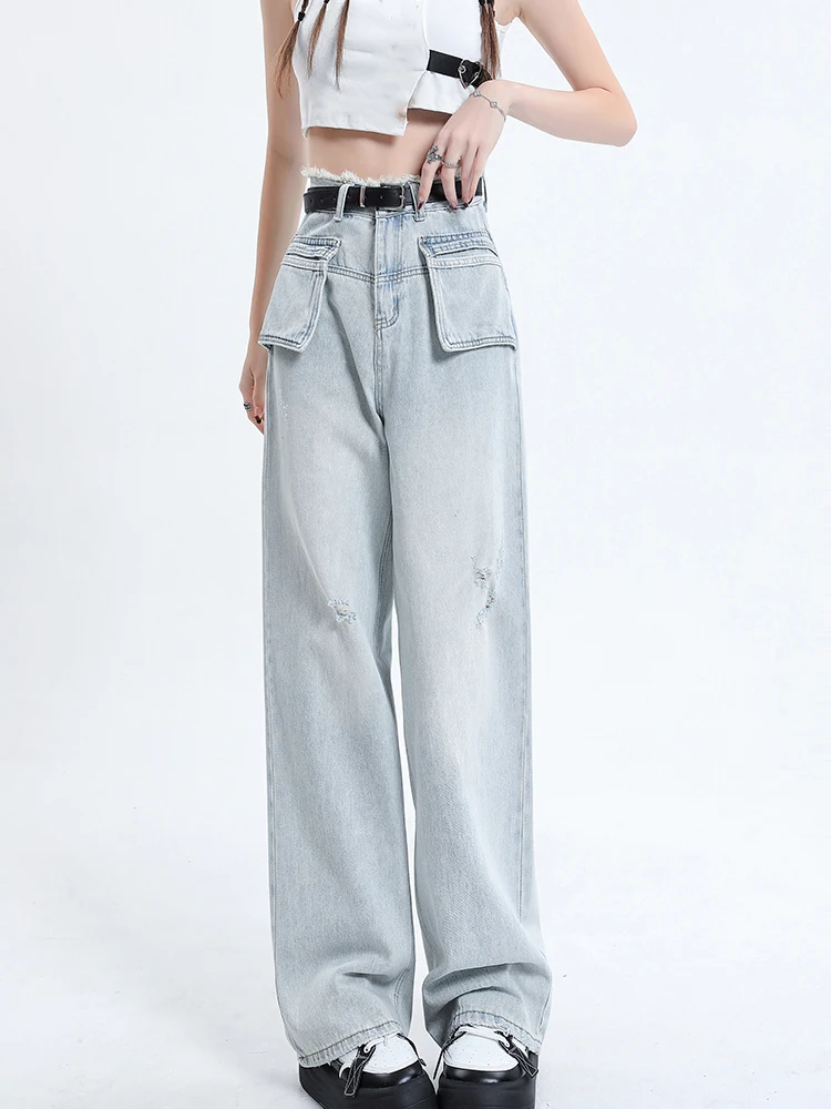 

Корейские весенне-осенние модные женские джинсы 2023 Новинка прямые уличные брюки-карго из денима с высокой талией Y2k