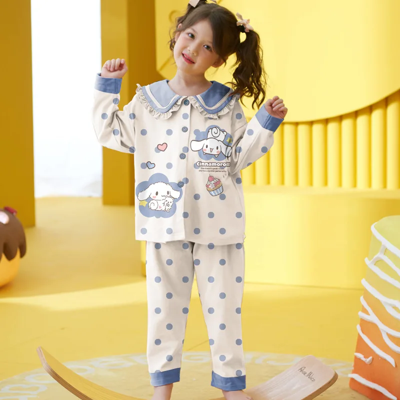 

Новинка 2023, детские пижамы Kawaii Sanrio, милые весенне-осенние хлопковые пижамы в стиле аниме Cinnamoroll с длинными рукавами для девочек