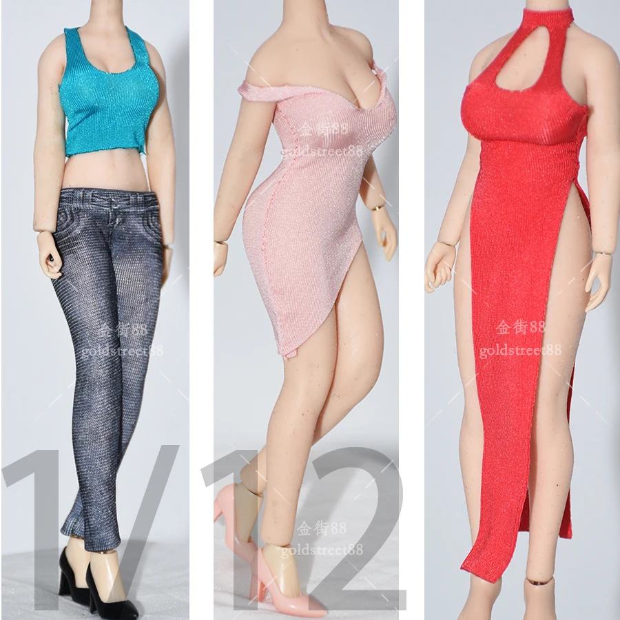 

1/12 Scale Ice Silk Vest Long Sleeve Evening Dress Low-cut Skirt for 6 Inch TBLeague Action Female Soldier T04/T05/T03