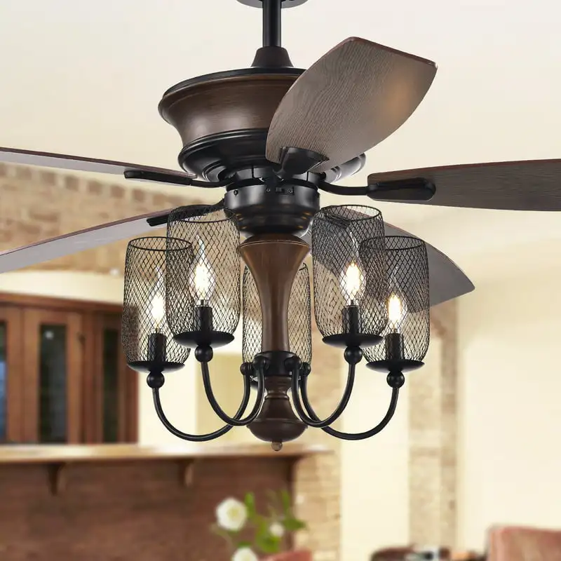 

52-inch 5-light Lighted Ceiling Fan with Mesh Shade Candelabra Chandelier Remote Controlled
