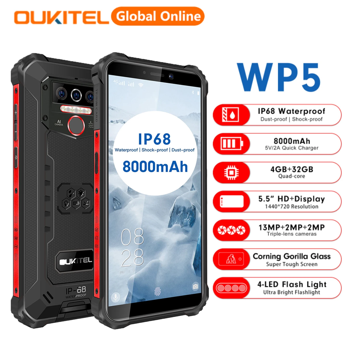 oukitel wp5 ip68 waterproof smartphone 8000mah android 10 0 triple camera facefingerprint id 5 5 inches 4gb 32gb mobile phones free global shipping