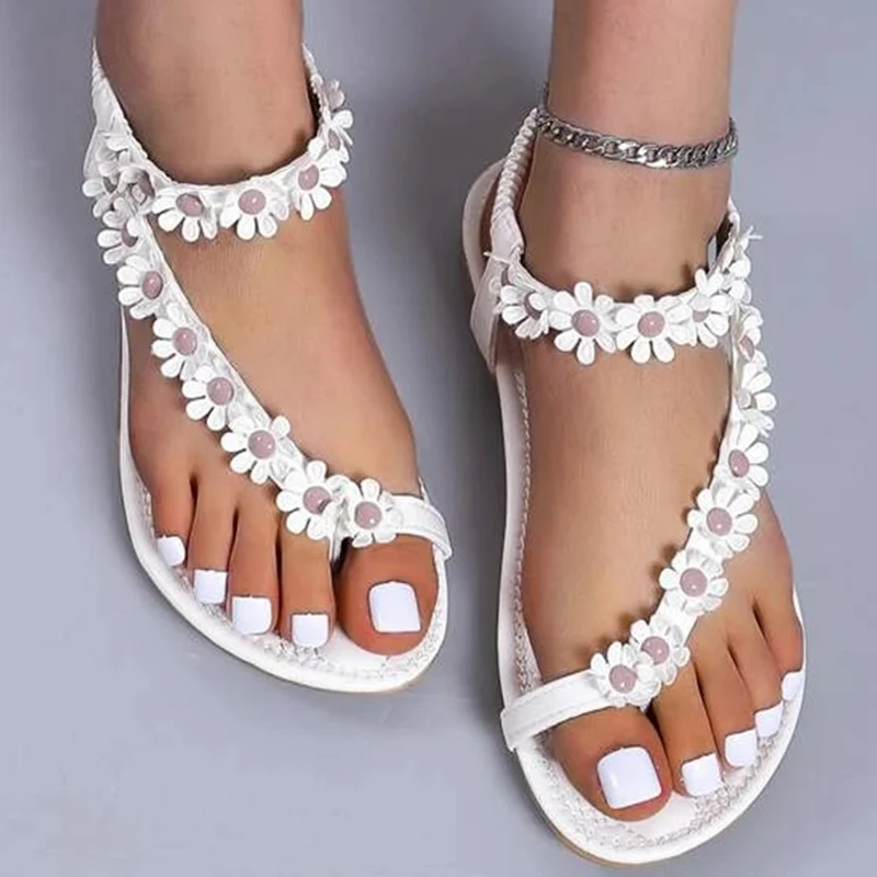 

2023 Summer New Fashion Women Flower Decor Toe Ring Flat Sandals Thong Sandals for Beach Outdoor Slides Casual Women Shoes