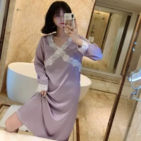 nightie spring summer womens long sleeve solid v neck lace ladies knee length night dress ice silk nightgowns for female